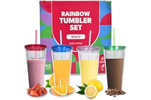 MFA MARFRAND 4 bicchieri di plastica riutilizzabili con coperchio e cannuccia, doppia parete, 700 ml, bicchiere di plastica dura con cannuccia e coperchio senza BPA (COLORE)