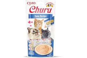 INABA Churu - Friandises pour Chats en Purée au Thon - Délicieux Snacks pour Félins - Texture Lisse et Onctueuse - Nourriture pour Chats - 4 Tubes x 14g
