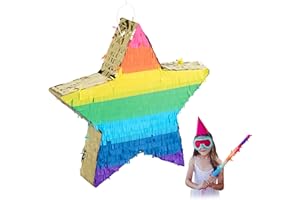 Relaxdays Pignatta a Forma di Stella, Pentolaccia da Riempire, Bambini e Adulti, Arcobaleno, da Appendere, Colorata/Oro