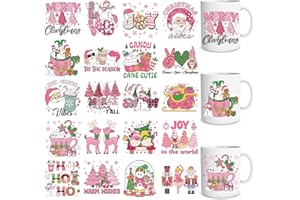Eiapadeor Pink Christmas Rub on Transfer Stickers 20 Sheets Christmas Santa UV DTF Cup Wraps, Xmas Snowman UVDTF Wraps, Waterproof Rub on Decals for Glass Cups Mug, DIY Transfer Crafts