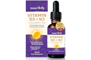 INNER VITALITY Vitamin D3 K2 Drops 4000iu Fast Absorbing MCT Oil for Immunity & Bones, 5-Month Supply High Strength Natural Berry Flavour Supplement for Adults & Kids 30ml
