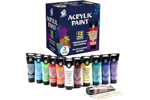 TBC The Best Crafts Kit Peinture Acrylique, 12 Tubes 120ml Pigment Acrylique avec 3 Pinceaux, Peintures Acryliques Résistantes pour Toile, Papier, Bois, Céramique