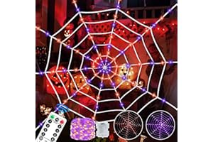TCCYDM Halloween Deko Outdoor, 3.6 x 3.6m Halloween Spinnennetz Lichterkette, Orange Lila LED Spinnennetz Deko, 8 Modi & Timer, mit Fernbedienung, Groß Spinnweben, für Terrasse, Vorhof, Garten, Außen, Innen