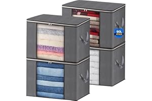 AIOR 4pcs Scatole per Armadio Salvaspazio, 90L Grande Capacità Borsa Porta Abiti con Finestra Trasparente, Pieghevole Traspirante Organizzatore Borsa per Trapunte, Coperte, Biancheria da Letto