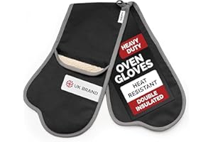 Muldale Black Double Oven Gloves Insulated - Aga Oven Gloves with Thumbs and Terry Towelling - Professional Heavy Duty Pair Mitts for Kitchen - Heat Resistant to 250°C