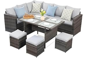 ‎MEXO MeXo Polyrattan Ecksofa wetterfest mit Esstisch 132x76x67cm modulare Lounge Set kombinierbar, Rattan Ecksofa Outdoor, Belastbarkeit pro Sitzplatz bis zur 140kg (Grau-9 Personen)