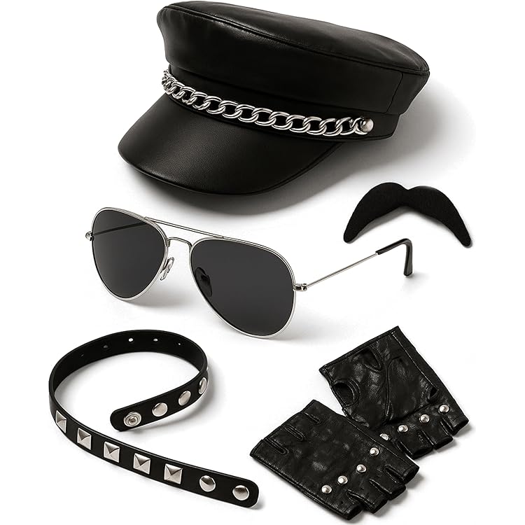 Kit Accessoires Motard Années 80 – Casquette à Chaîne, Lunettes, Gants Punk, Pour Déguisement Adulte