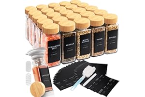 Aevcvok Barattoli Spezie - 24 Barattoli Portaspezie Quadrato con Coperchio in Bambù - 120ml Contenitori Spezie per Cucina con Etichette - con Setaccio, Spazzola, Lmbuto
