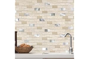 VAOVI Ziegelstein Mosaik 3D Selbstklebende Wandfliesen Aufkleber für Wand Bad WC Dusche Küche Fliesen Wandplatte Wasserdicht(10 Fliesen,Beige)