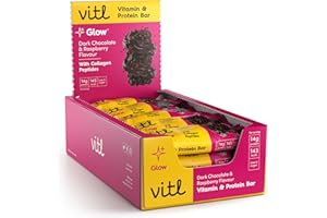 Vitl Glow Bar 15 x 40g - Dark Chocolate & Raspberry Flavour Vitamin & Protein Bar - 15g Protein with Hydrolysed Collagen Peptides & Biotin - For Thicker Hair, Stronger Nails and Glowing Skin