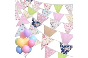 Alintor 45.9ft Fabric Bunting, 46Pcs Ve Day Bunting, Floral Vintage Bunting, Reusable Garden Bunting, Bunting Flags, Bunting for Birthday, Party, Afternoon Tea, Spring Decorations