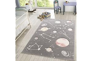 ‎TT HOME TT Home Kinder-Teppich, Spiel-Teppich Mit Planeten Und Sternen, Für Kinderzimmer In Grau, Größe:Ø 120 cm Rund