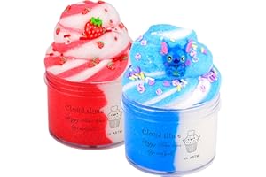 PETYUIOYU 2 Pack Cloud Slime Kit with Blue Stitch Slime and Strawberry Slime Charms, Scented DIY Fluffy Slime Supplies for Girls and Boys, Stress Relief Toy for Kids Education, Party Favor, Gift and Birthday