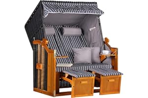 ‎MR. DEKO MR. DEKO® Strandkorb Ostsee 2-Sitzer Anthrazit | Volllieger Gartenmöbel | Polyrattan Hartholz | Komfortabler Sonnenkorb für Terrasse und Balkon | Inkl. 2 Klapptische und Kissen Royal Anthrazit