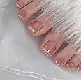 Square Press on Toenails Nude Fake Toenails with Silver Glitter Design French Full Cover Actylic Toe Nails Glossy Glue on ToeNails for Women Girls - 24 Pcs (S-01)