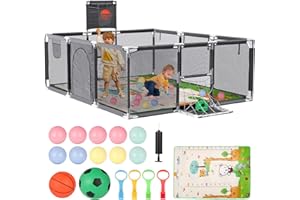 Aofesel Laufstall Baby 180x120cm, Laufgitter baby mit Matratze, Basketballkorb, Fußballnetzen, 10 Spielbällen, Krabbelgitter mit atmungsaktivem Netz, Baby Laufstall mit Reißverschlusstür