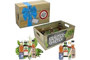 CREOLOGIC Kräutergarten mit Geburtstagszahl 60. Geburtstag · Witzige Geschenkidee für Männer und Frauen mit Alkohol · 8 x Kräuter-Likör · Hochwertige Geschenkbox · Geburtstagsgeschenk für Männer 60