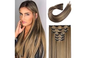 ‎FLUFYMOOZ FLUFYMOOZ 6PC Clip in Hair Extensions, 6-teiliges Clip-in-Haarverlängerungsset, 61 cm, glatt, lang, Extensions für Frauen, synthetisches Haarteil (Dunkelbraun mit Schmutzblond)