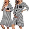 Marvmys Maternity Nightdress For Hospital Breastfeeding Nightwear 3/4 Length Sleeves Nursing Nightgown Button Down Sleep Shirt V Neck Pajama Soft Loungwear For Pregnant Women A-Black