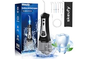 Skeufy Water Flossers Cordless Tooth Cleaner with LED Display, DIY and 5 Cleaning Modes Dental Oral Irrigator, 6 Jet Tips, USB Interface & IPX7 Waterproof, 300ML Water Flosser for Teeth, Home & Travel