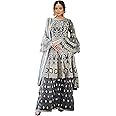 Miss Ethnik Women's Beige Net Semi Stitched Top With Stitched Net Bottom and Net Dupatta Embroidered Flared Top Dress Material (Kurta Palazzo Set) (D-1027)_Free Size