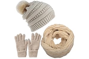 CheChury Women Winter Hat Scarf and Gloves Set Soft Warm Thick Knitted Pom Cap Touch Screen Gloves Loop Scarf 3/4 PCS Set