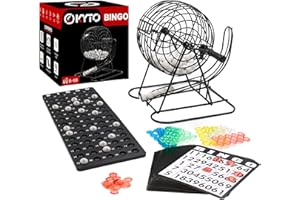 Kyto Jeu de Bingo - Tambour en métal - 18 Billets de Bingo - 75 balles de Bingo - 150 jetons - Plateau de Jeu + 500 Cartes de Bingo - Noir - pour Adultes et Enfants