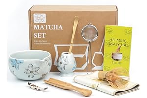 HEI MING Matcha Kit ha 8 pezzi, Set Matcha Cerimoniale Giapponese, Fiore Ciotola Matcha in Ceramica e Matcha Whisk Fatte a Mano
