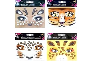 ALEGRE 4 tatuaże na twarz w panterkę, naklejki na twarz, tygrys, tymczasowy tatuaż, żyrafa, brokatowe naklejki na twarz, karnawał, kostium lamparta, akcesoria na imprezę tematyczną, karnawał