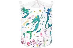Clastyle 45L Bolsa Ropa Sucia Blanco Sirenas para Chicas Cesta Colada Plegable Almacenaje Juguetes Niños Redonda de Dormitorio, 36x45 cm