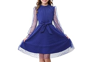 Rolanko Vestido de Manga Larga Abullonada para Niña, Cintura Alta con Cinturón Línea A Cuello Volante Malla Contrastada Vestidos de Princesa para Fiesta en Tul