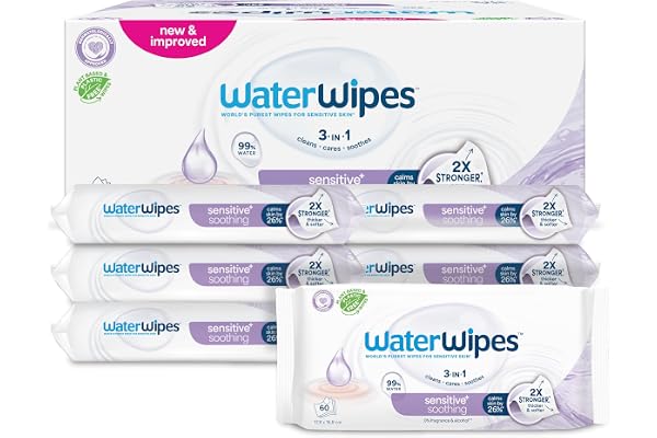 WaterWipes Sensitive+ Soothing Clean Wipes, Lingettes Apaisantes, 360 unités (6 paquets), 3-en-1 nettoie, soigne, apaise, 99% d'eau avec extraits botaniques, non parfumées