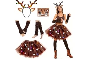 GEVECORI Reh Kostüm Damen, Karneval Kostüm mit LED Brauner Tüllrock, Rentier Haarreif Reh Gesichtstattoo, Beinwärmer Armstulpen, Faschingskostüme für Fasching, Karneval Weihnachtskostüm