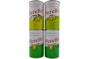 PERELLÓ Perello Olives Variety Pack 4 x 350g Gross (150g Net) Spanish Gordal Picante Green Olives, Manzanilla Picante Olives and Cocktail Picante Olives. Securely Boxed