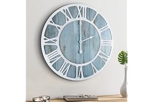 HAITANG Orologio da parete rotondo in legno moderno retrò blu 40 cm numeri romani arredamento soggiorno leggero zecca orologio da parete decorazione casa giardino ufficio caffè arredamento camera da