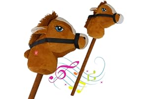 The Magic Toy Shop Brown Hobby Horse on a Stick with Galloping & Neighing Sounds for Kids - Soft Handle, Holding Strap, Toy Horse Plush for Boys and Girls