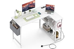 Yornoli L Shaped Computer Desk with Power Outlet, 118CM Corner Office Desk for Small Spaces with Storage Shelves, Study Work Writing Table for Home Office Bedroom, Snow White