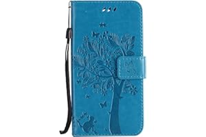 Fatcatparadise LG K8 2017 Case[With Tempered Glass Screen Protector], [Kickstand] Retro Flip Case, Elegant Pressed Tree Cat Butterfly Pattern Design PU Leather Protective Case for LG K8 2017(Blue)