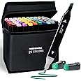 NAITIK CREATION 24 Pcs Dual Tip Alcohol Markers Set with Carrying Case, Non-Toxic Art Supplies for Painting Colour Broad Drawing Sketching, Black