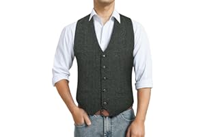 HISDERN Men's Formal Waistcoat Wedding Herringbone Tweed Wool Classic Solid Gents Single Breasted Waistcoats for Party Business Dress Suit Vest