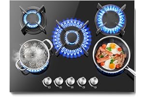 SNDOAS Plaque de Cuisson Gaz 5 Feux, Plaque à Gaz 5 Feux, Table de Cuisson 70cm, Cuisinière Encastrable, Conversion Gazs Naturel/Propane, 10400W Cuisinière à gaz en Verre Trempé Noir, Arrêt Auto