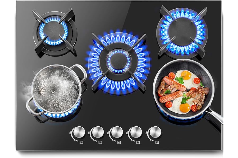 SNDOAS 5 Burner Hob, 70 cm with Automatic Flame Protection, Natural Gas and Propane Gas, Built-in, Black, 10400 W, 220-240 V