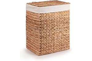 Woodluv Laundry Basket With lid Medium, Water Hyacinth Laundry Hamper, Wicker Bin Storage Organiser, Washing Basket for Dirty Clothes Bathroom, Natural, 38 x 28 x 48 (H) cm
