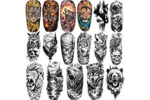 METUU 77 fogli di tatuaggi temporanei per adulti e bambini, impermeabili, tatuaggi finti, 17 grandi e 60 piccoli adesivi per tatuaggi neri, disegni di animali della foresta con leone, tigre, lupo