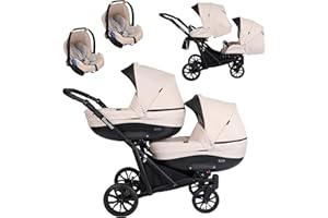 Poussette pour jumeaux bébé 3en1 et 2en1 nacelle siège-auto 3 en 1 et 2 en 1 poussette duo KUNERT BOOSTER 3 in 1 et 2 en 1 accessoires (creme, 3in1 Kite)