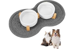 Vexillic Gamelle pour Chien, 400ML 2 Pièces Gamelle Chien Chat Surelevee Céramique avec Support en Bambou et Tapis Antidérapants pour Chiens de Petite et Moyenne Taille (Blanc)