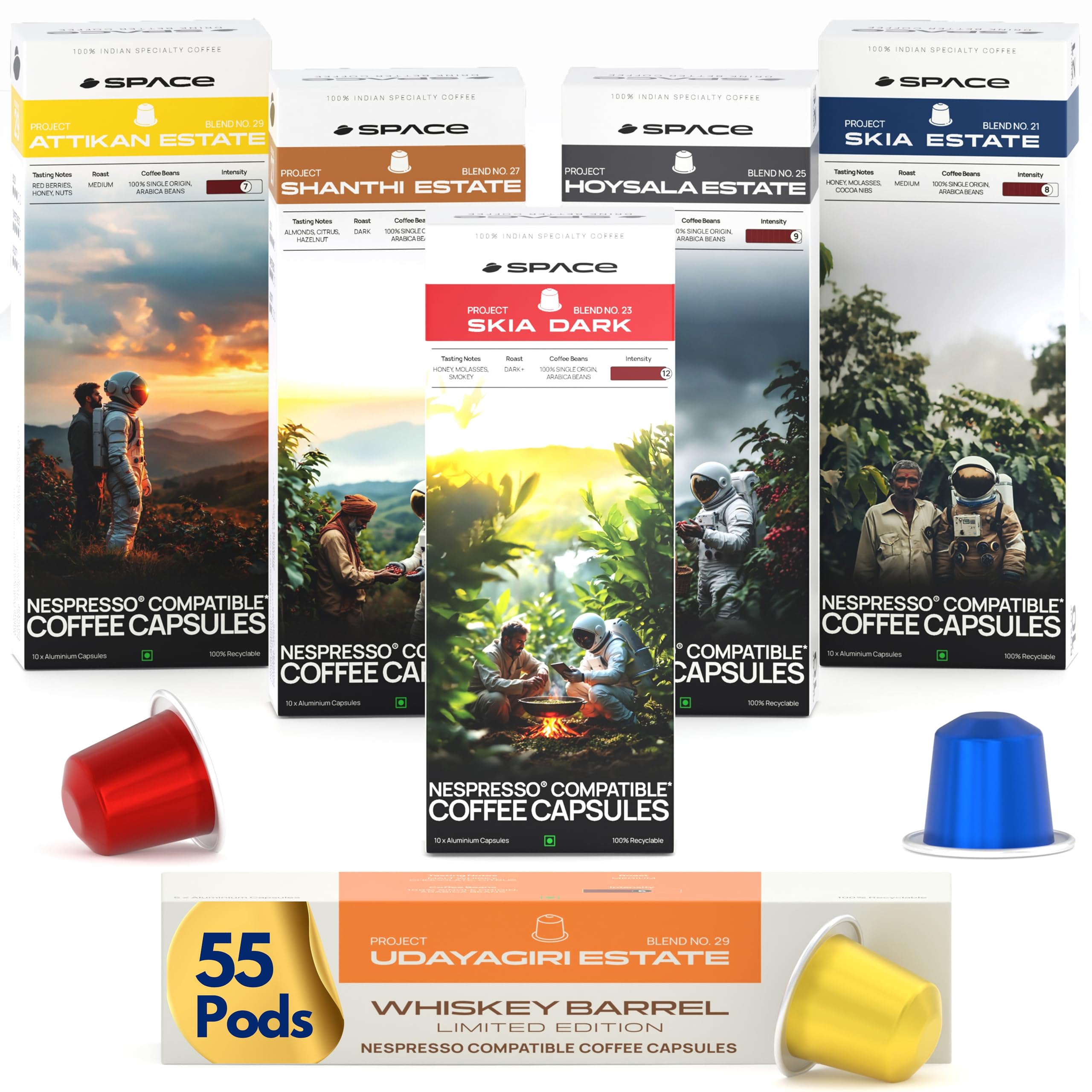 Space Coffee Pods Origins Pack of 55 | Whiskey-Barrel Aged Launch-Edition Coffee included | Nespresso Compatible | Single Origin Aluminium Coffee Capsules for Rich Espresso Experience
