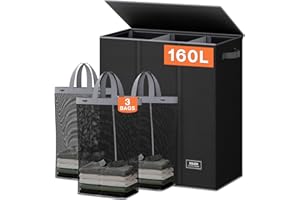 SOLEDI 160L 3 Section Washing Basket with Lid, Dirty Clothes Hamper and Laundry Bags, Large Hamper Organizer for Laundry Room, Bedroom, Black