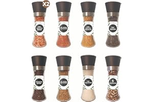 WALLY GOURMET Sal Himalaya Pack Gourmet, Sales Con Especias. Sal Saborizada/Pimientas. Excelente Regalo, 9 Sazonadores/Molinillos De Vidrio Recargables, Con Moledor De Cerámica Regulable.