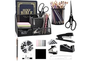 QPENGUINBABIES 12-in-1 schwarzes Schreibtisch-Organizer- und Zubehör-Set, schwarzes Bürobedarf, schwarzer Hefter, Stifthalter, Klebebandhalter, Heftklammern, Klammerentferner für Schule, Geschenke für Kollegen, Frau